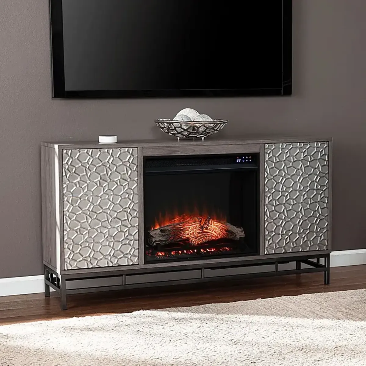 Angevine IV Gray 54 in. Console, With Touch Panel Electric Log Fireplace