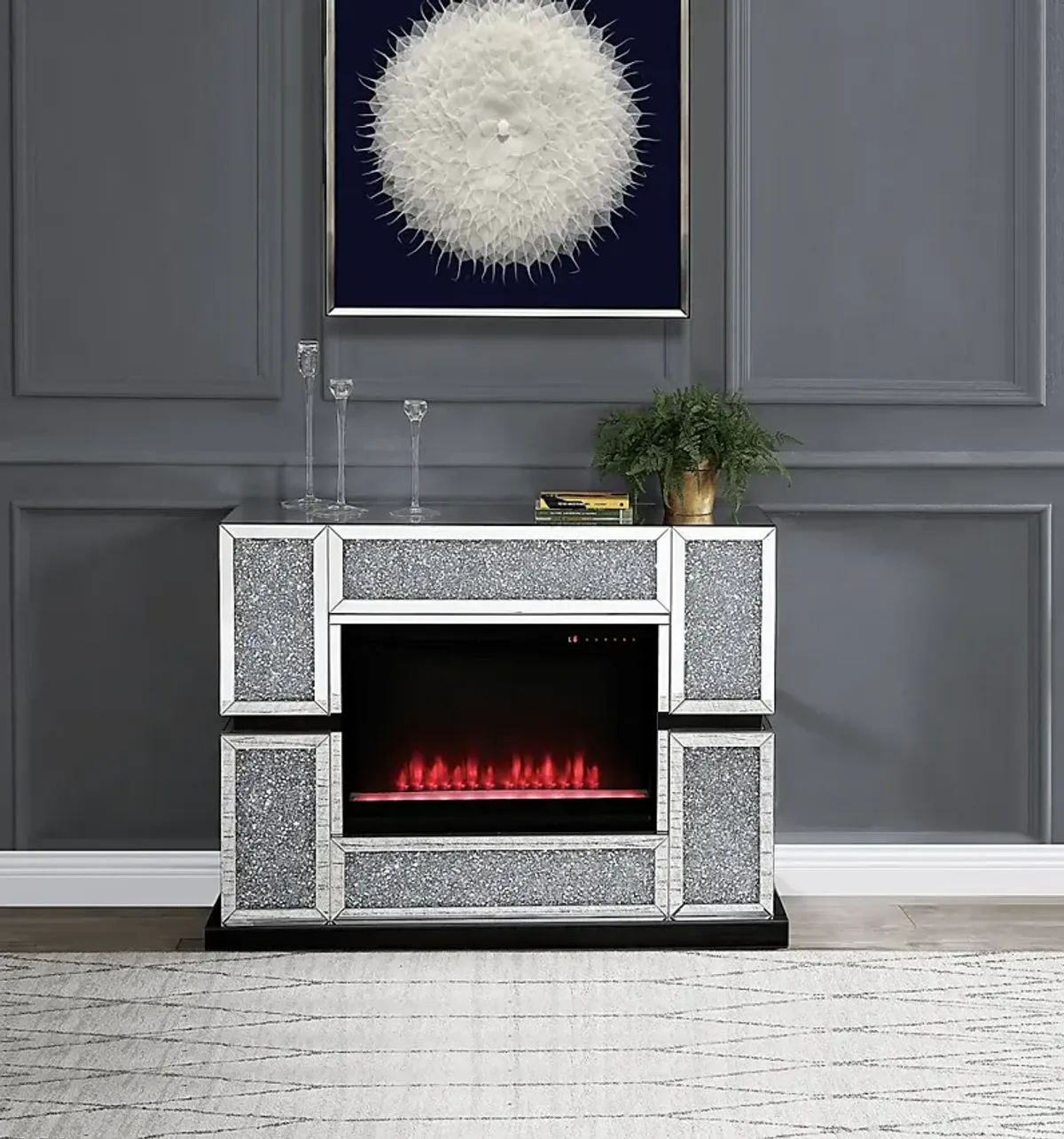 Annella Silver 48 in. Console, With Electric Fireplace