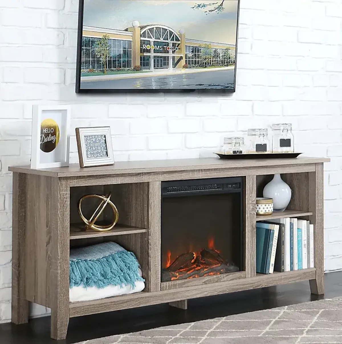 Wyatt Driftwood 58 in. Console with Electric Fireplace