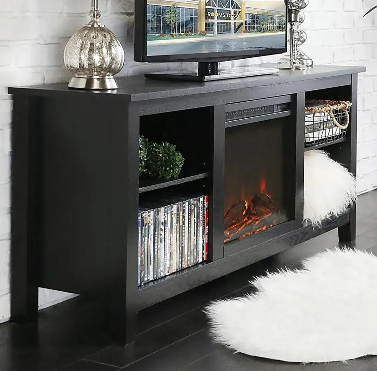 Wyatt Black 58 in. Console with Electric Fireplace