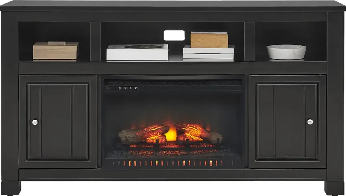 Lakeside Cottage Black 64 In. Console with Electric Log Fireplace