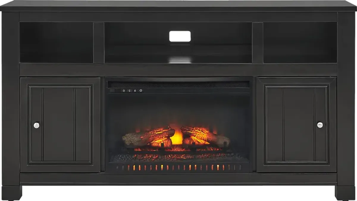 Lakeside Cottage Black 64 In. Console with Electric Log Fireplace