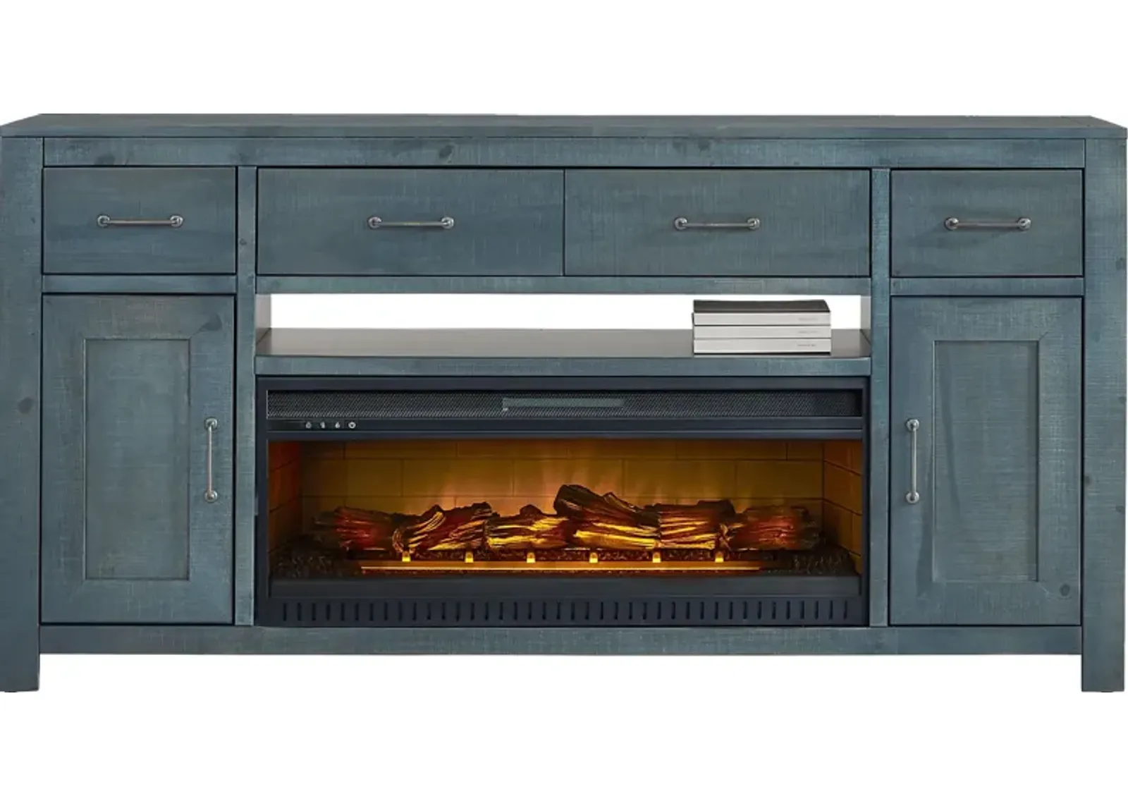 Abbey Springs Blue 77"" Console with Electric Log Fireplace