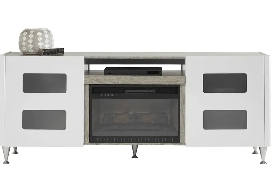 Mylo White 80 in. Console with Electric Log Fireplace