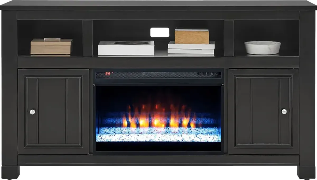 Lakeside Cottage Black 64 In. Console with Electric Fireplace