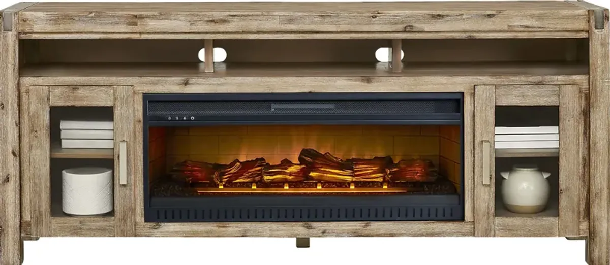 Hidden Springs II Natural 80 in. Console with Electric Log Fireplace