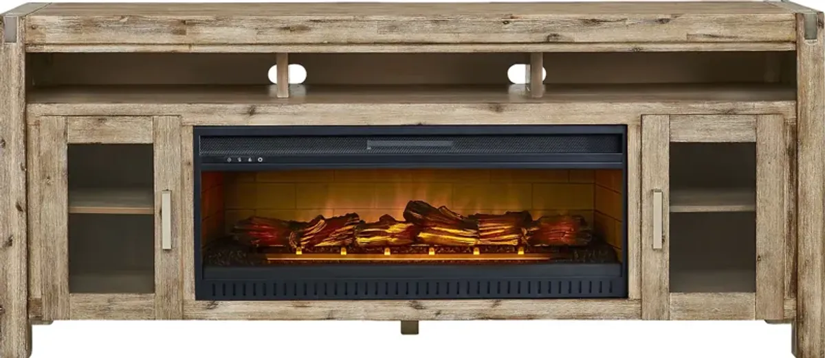 Hidden Springs II Natural 80 in. Console with Electric Log Fireplace