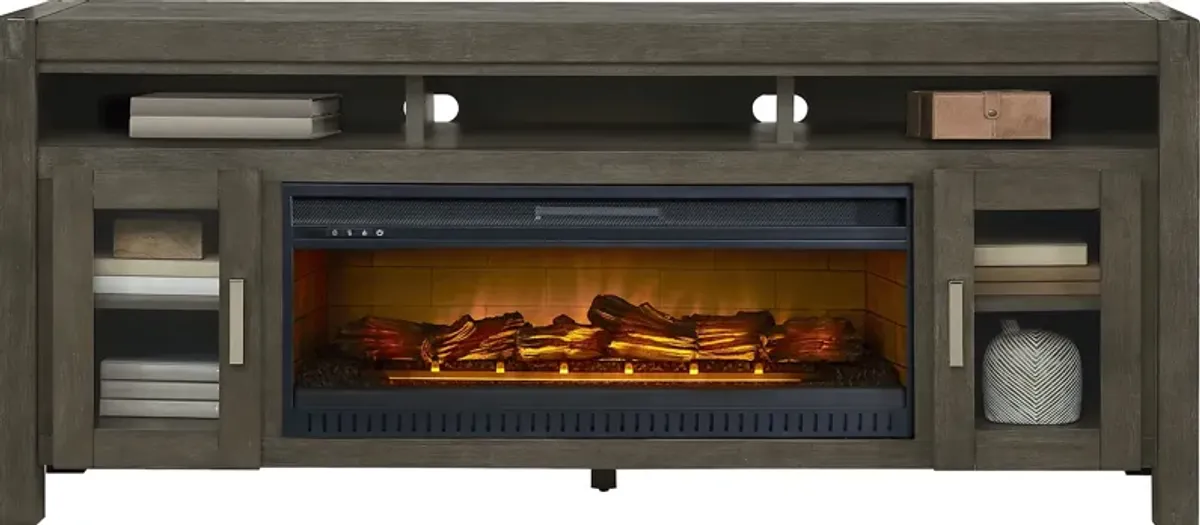 Hidden Springs II Gray 80 in. Console with Electric Log Fireplace