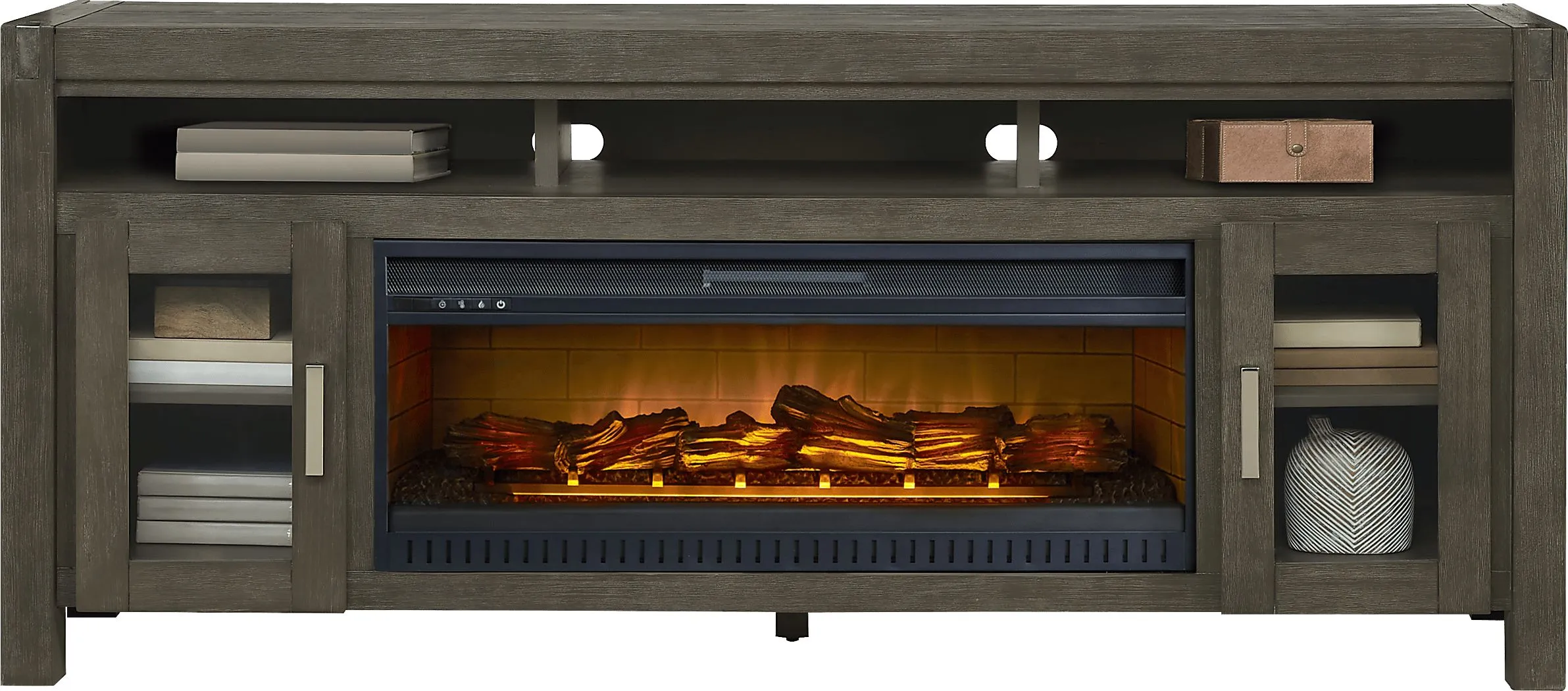 Hidden Springs II Gray 80 in. Console with Electric Log Fireplace