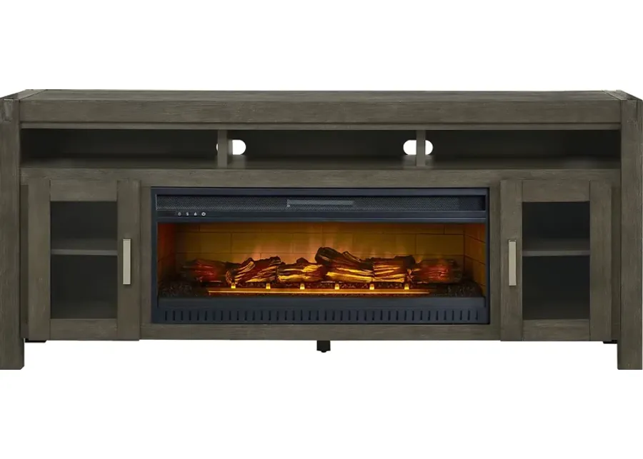 Hidden Springs II Gray 80 in. Console with Electric Log Fireplace