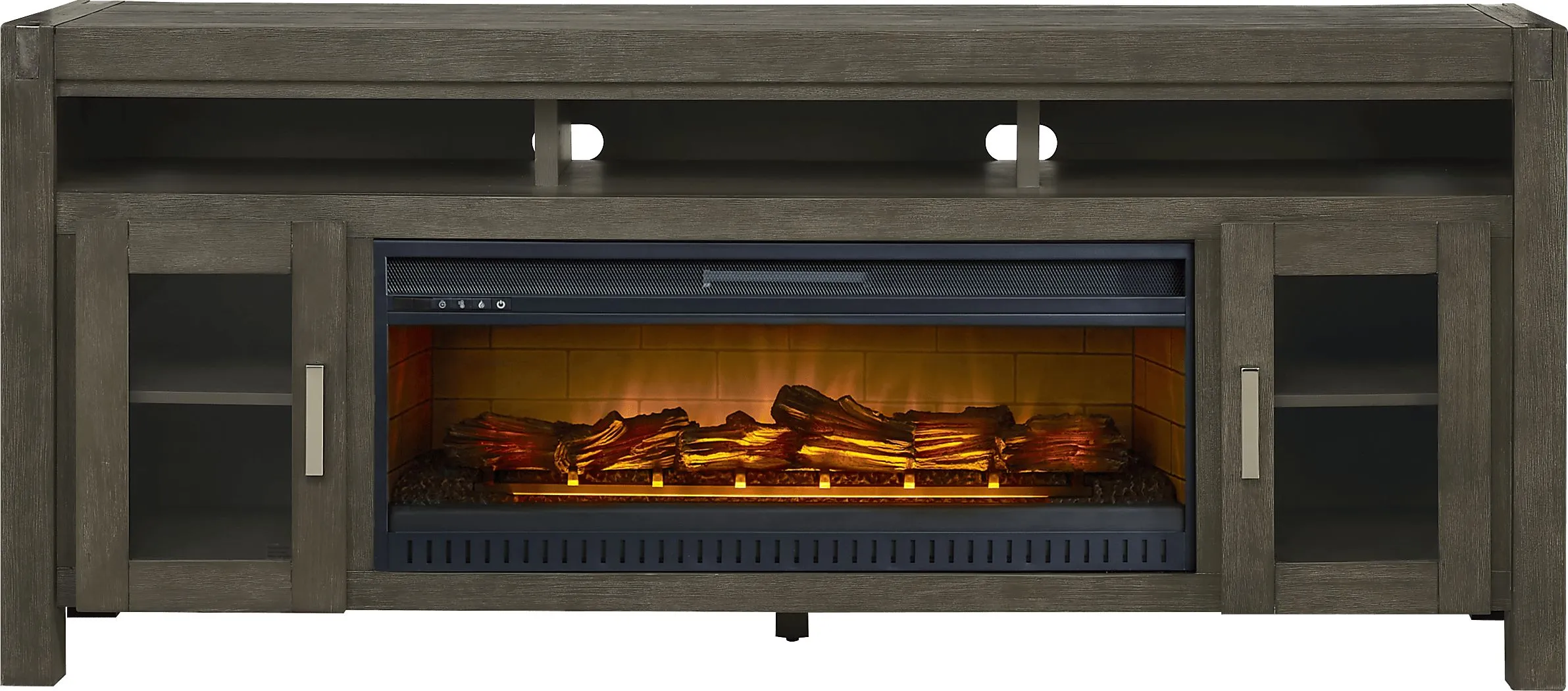 Hidden Springs II Gray 80 in. Console with Electric Log Fireplace