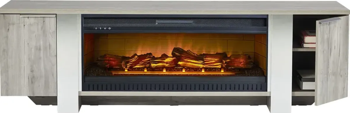 Heatherview Gray 79 in. Console with Electric Log Fireplace