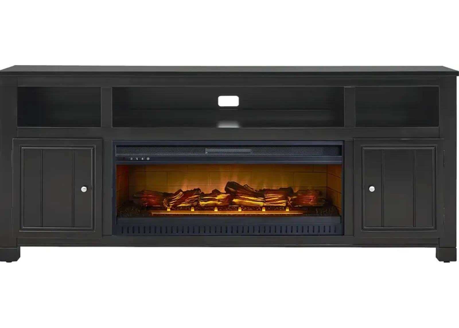 Lakeside Cottage Black 84 In. Console with Electric Log Fireplace