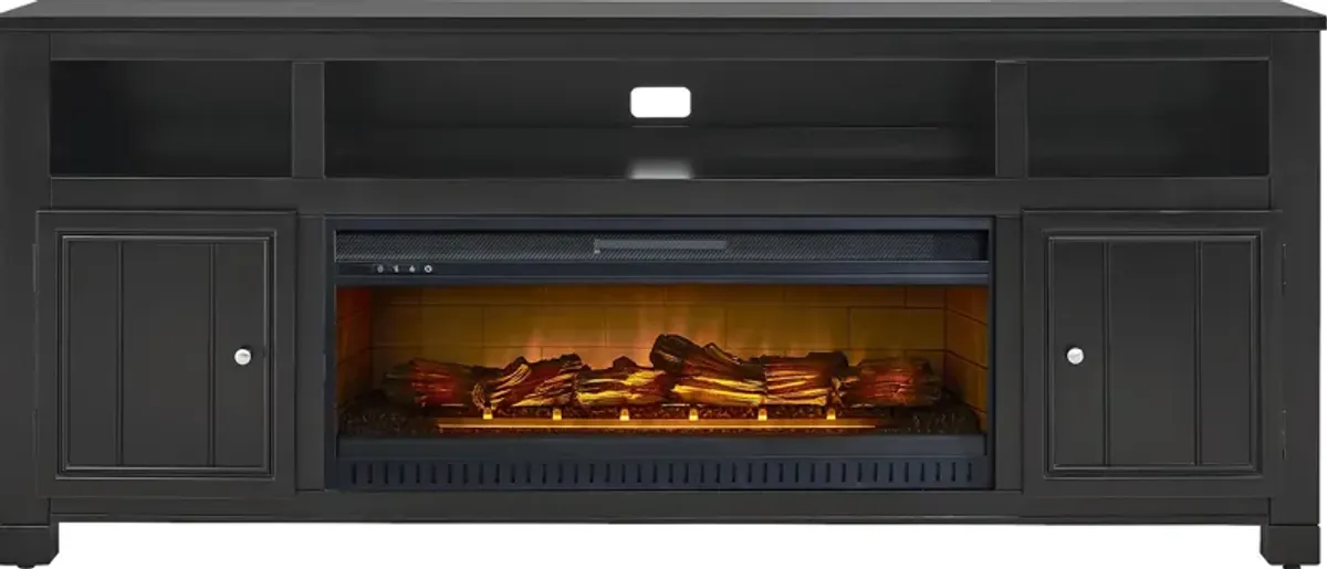 Lakeside Cottage Black 84 In. Console with Electric Log Fireplace
