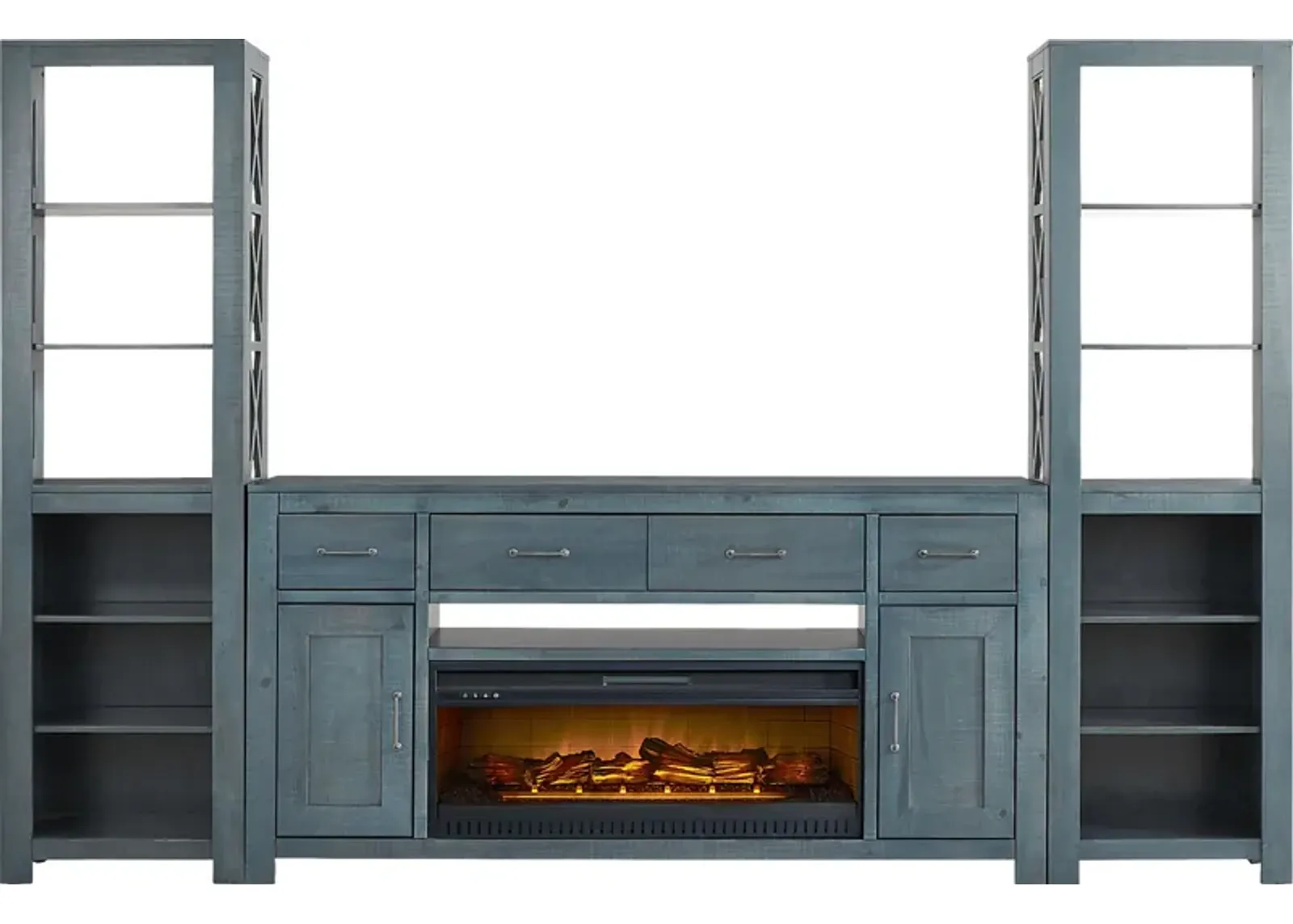 Abbey Springs Blue 4 Pc Wall Unit with 77 in. Console and Electric Log Fireplace