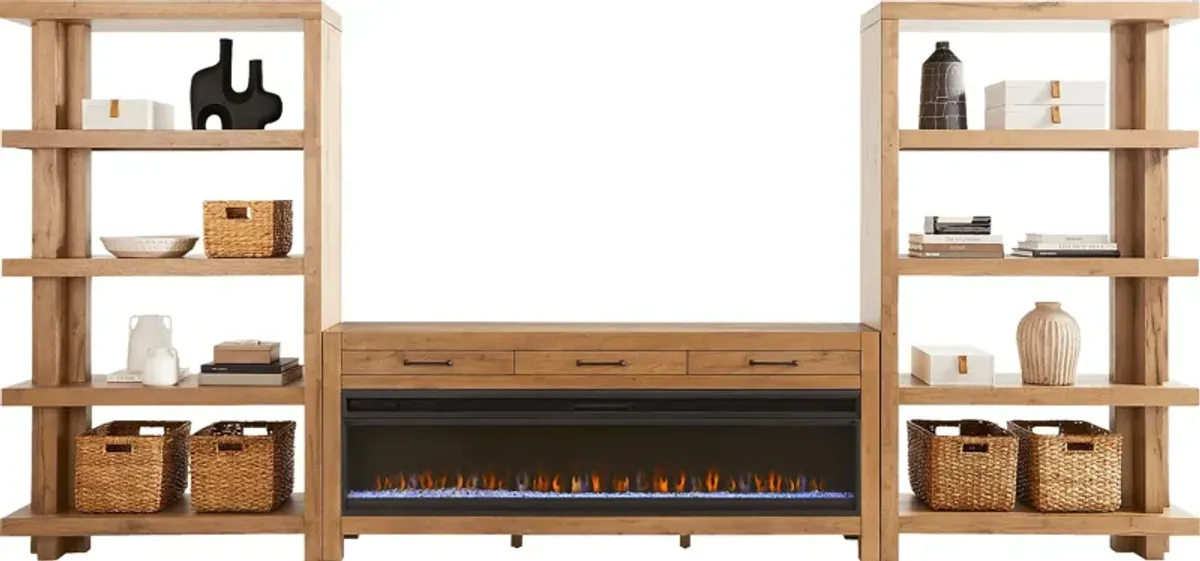 Edgewater Brown 3 Pc Wall Unit with 77 in. Console and Electric Fireplace