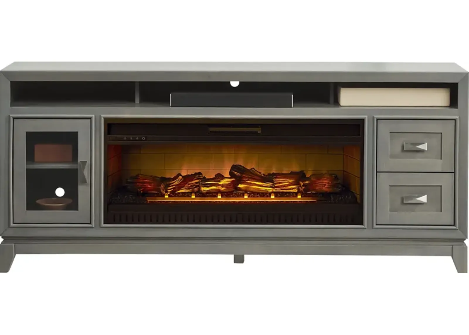 River Terrace Gray 76 in. Console with Electric Log Fireplace