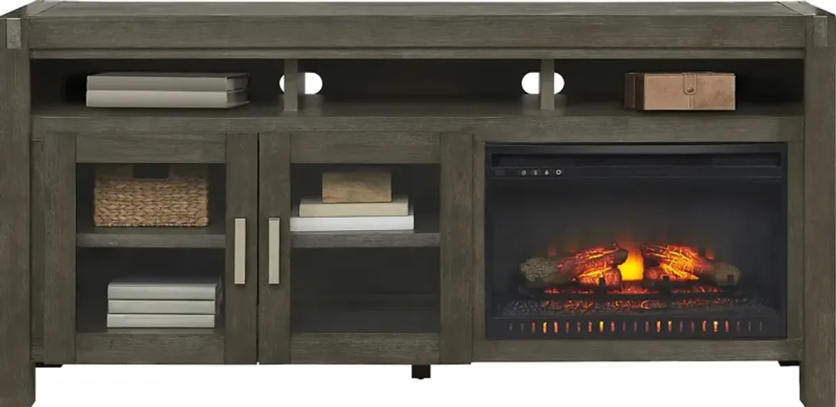 Hidden Springs II Gray 72 in. Console with Electric Log Fireplace