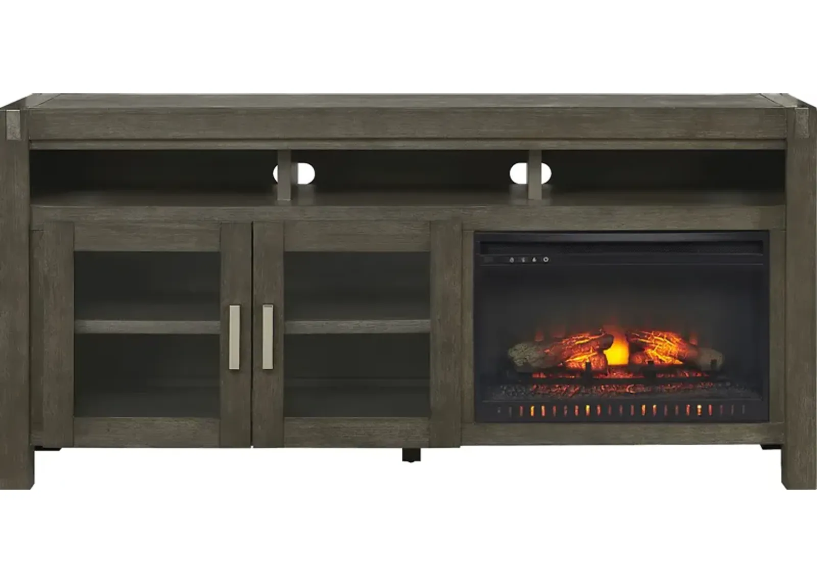 Hidden Springs II Gray 72 in. Console with Electric Log Fireplace