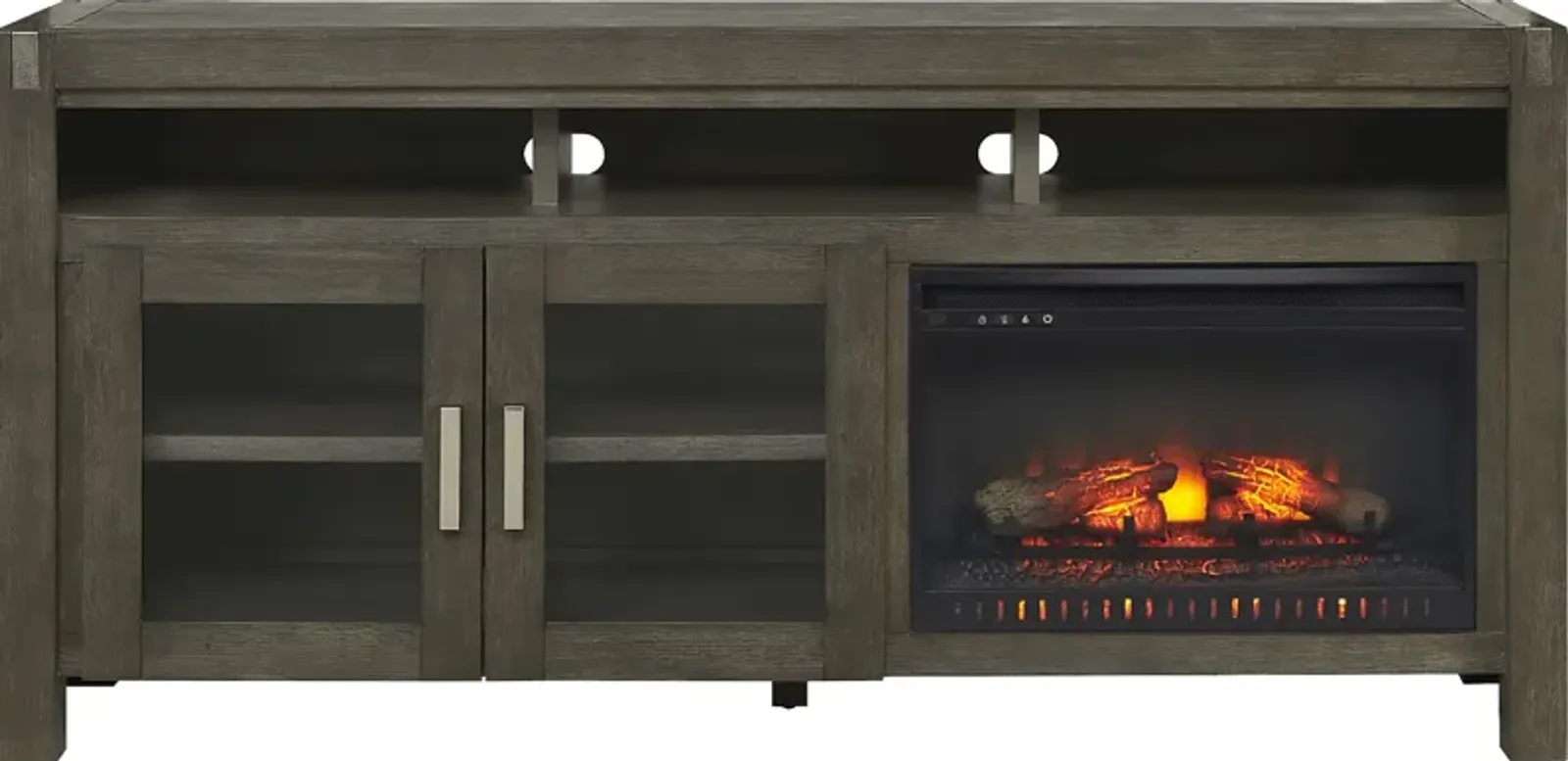 Hidden Springs II Gray 72 in. Console with Electric Log Fireplace