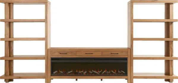 Edgewater Brown 3 Pc Wall Unit with 77 in. Console and Electric Log Fireplace