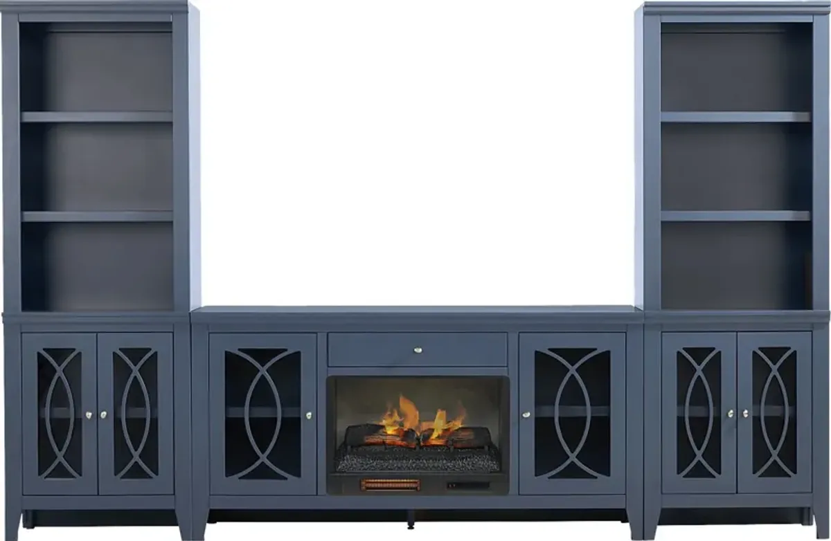 Abbie II Blue 3 Pc Wall Unit with 66 in. Console and Electric Log Fireplace