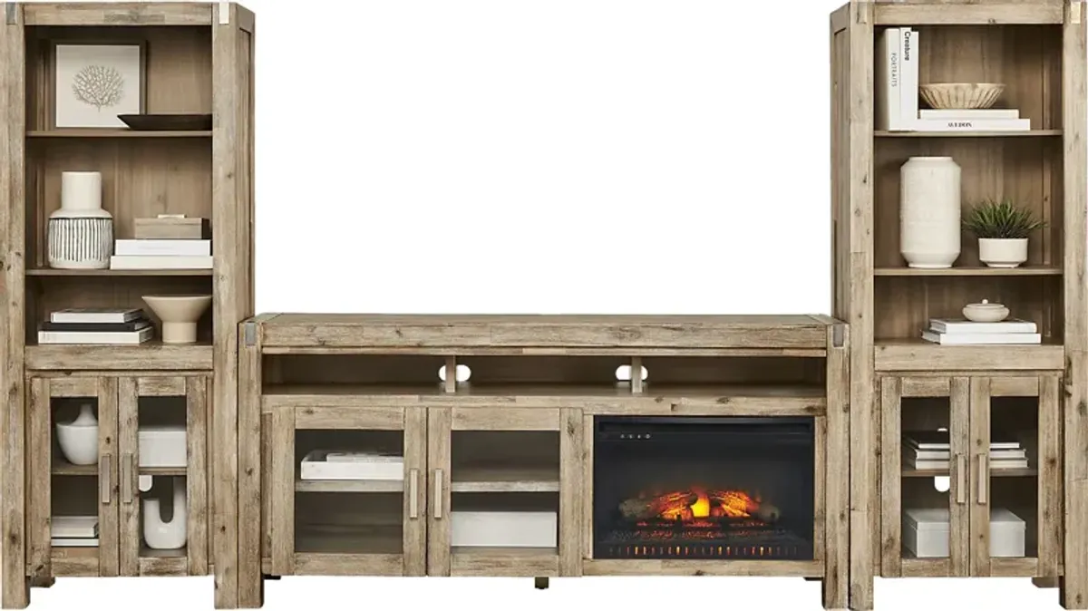 Hidden Springs II Natural 4 Pc Wall Unit with 72 in. Console and Electric Log Fireplace