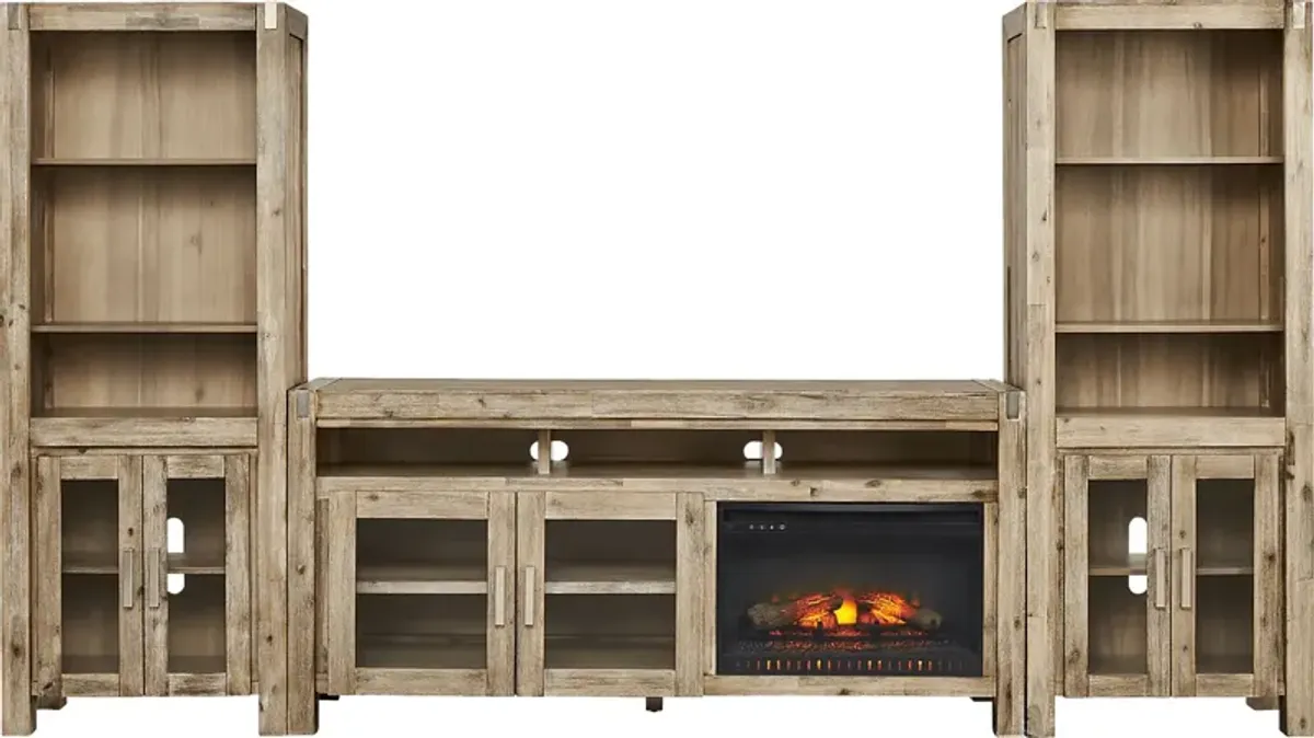 Hidden Springs II Natural 4 Pc Wall Unit with 72 in. Console and Electric Log Fireplace