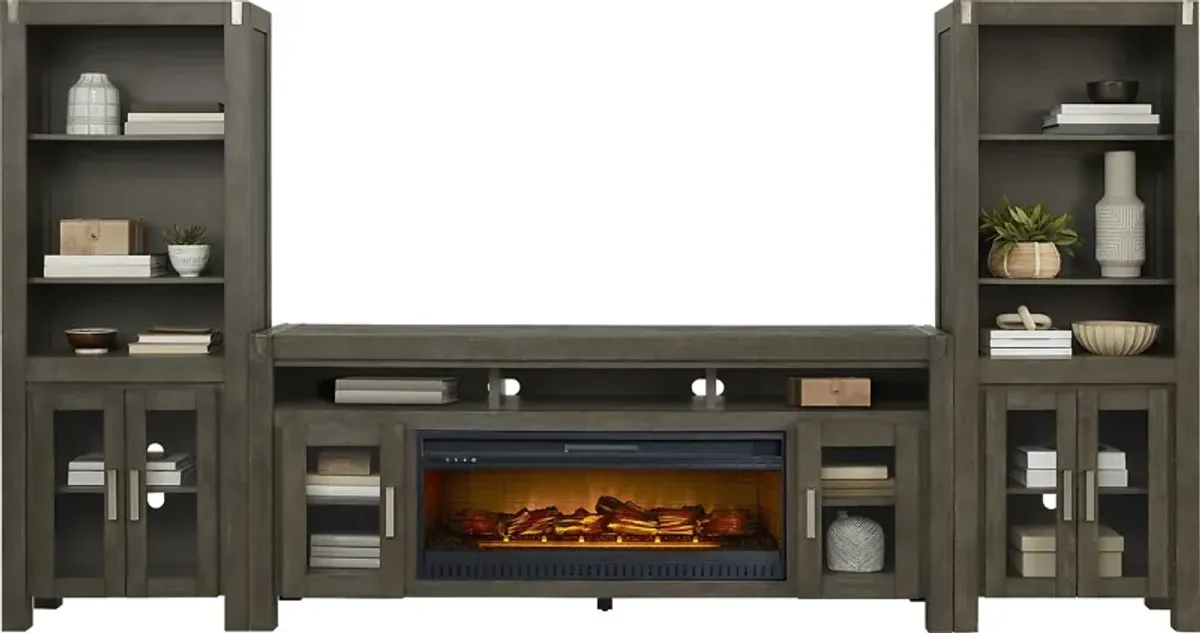 Hidden Springs II Gray 4 Pc Wall Unit with 80 in. Console and Electric Log Fireplace