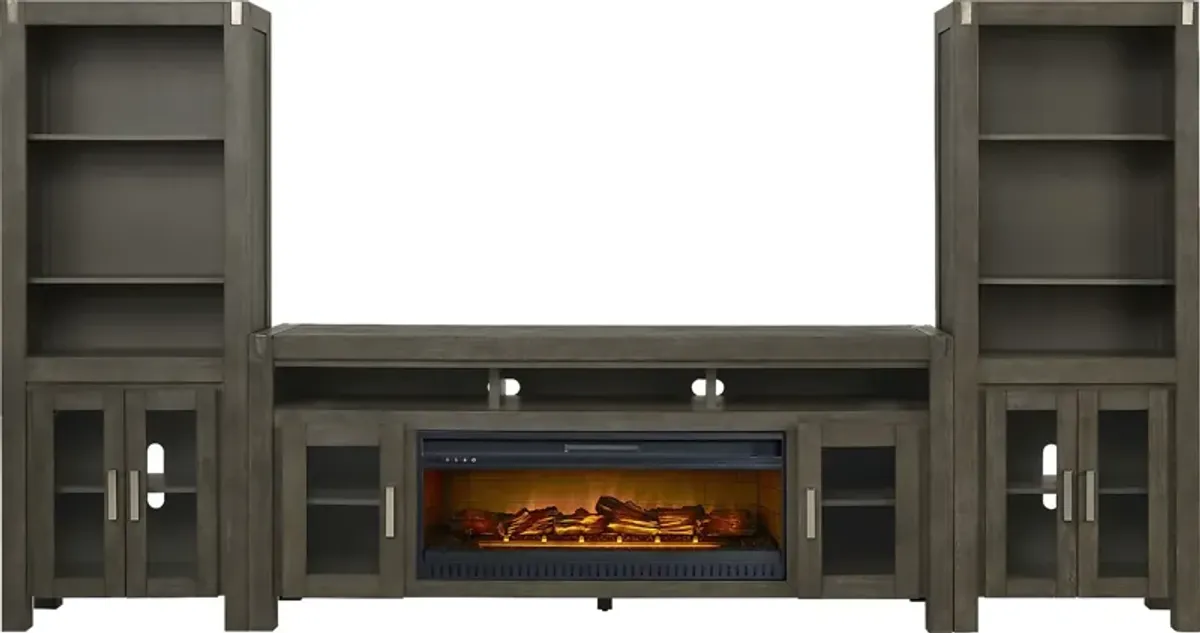 Hidden Springs II Gray 4 Pc Wall Unit with 80 in. Console and Electric Log Fireplace