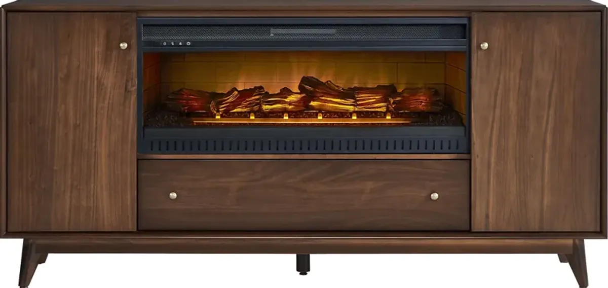 Broxbern Walnut 76 in. Console with Electric Log Fireplace