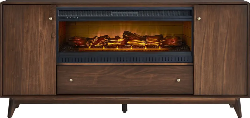 Broxbern Walnut 76 in. Console with Electric Log Fireplace