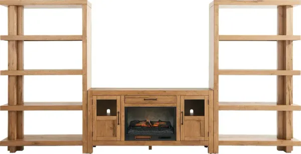 Edgewater Brown 4 Pc Wall Unit with 64 in. Console and Electric Log Fireplace