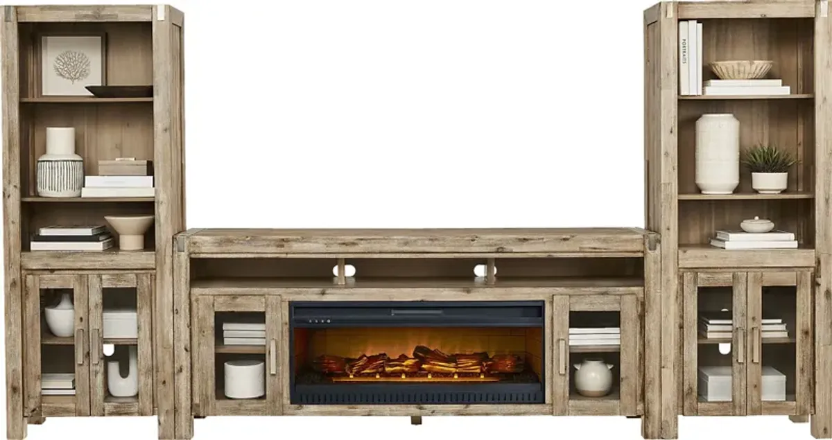 Hidden Springs II Natural 4 Pc Wall Unit with 80 in. Console and Electric Log Fireplace