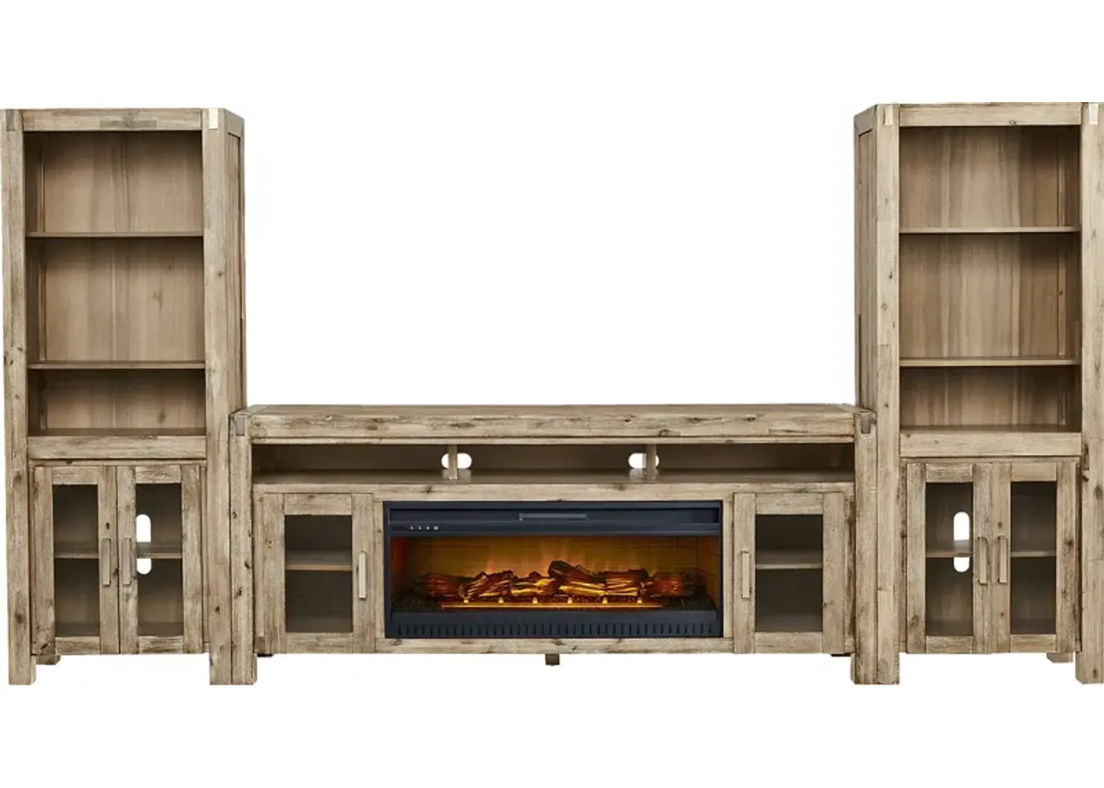 Hidden Springs II Natural 4 Pc Wall Unit with 80 in. Console and Electric Log Fireplace