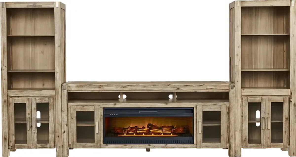 Hidden Springs II Natural 4 Pc Wall Unit with 80 in. Console and Electric Log Fireplace