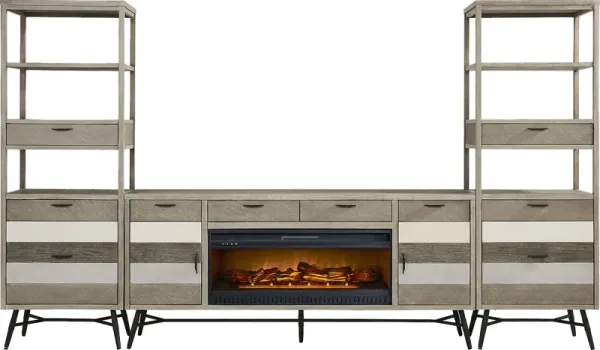 Midtown Loft Gray 4 Pc Wall Unit with 80 in. Console and Electric Log Fireplace