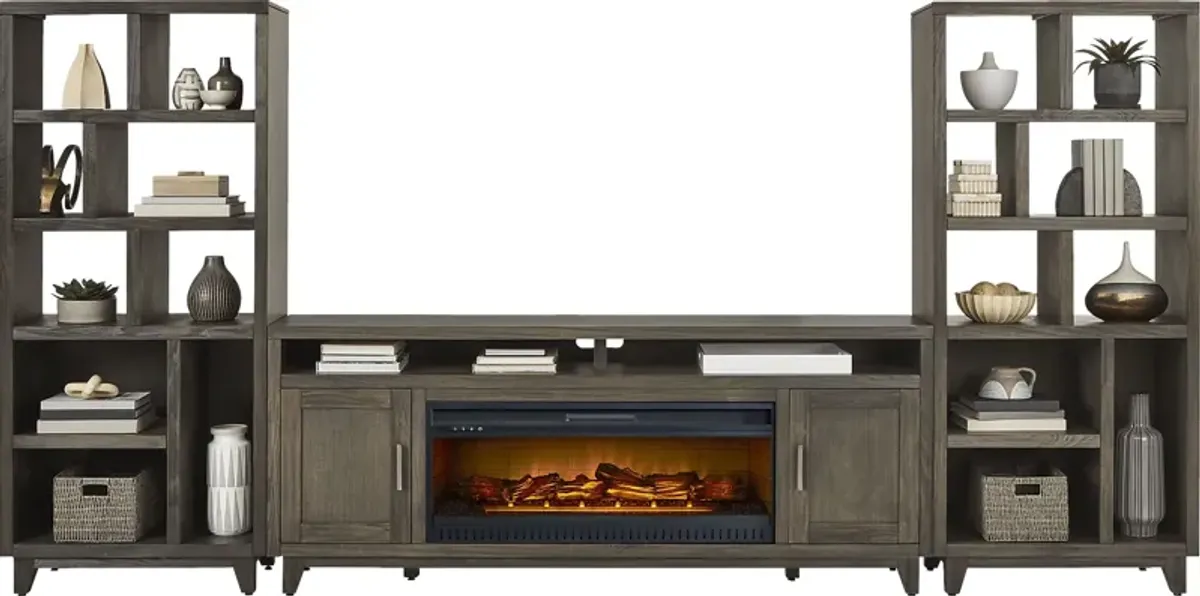 Valinor Brown 4 Pc Wall Unit with 80 in. Console and Electric Log Fireplace