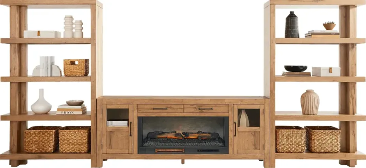 Edgewater Brown 4 Pc Wall Unit with 80 in. Console and Electric Log Fireplace