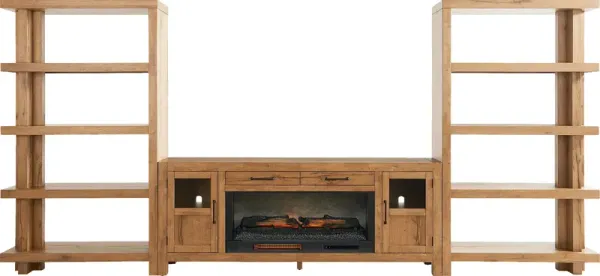 Edgewater Brown 4 Pc Wall Unit with 80 in. Console and Electric Log Fireplace