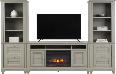 Hilton Head Gray 4 Pc Wall Unit with 66 in. Console and Electric Log Fireplace