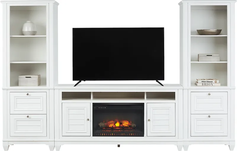 Hilton Head White 4 Pc Wall Unit with 66 in. Console and Electric Log Fireplace