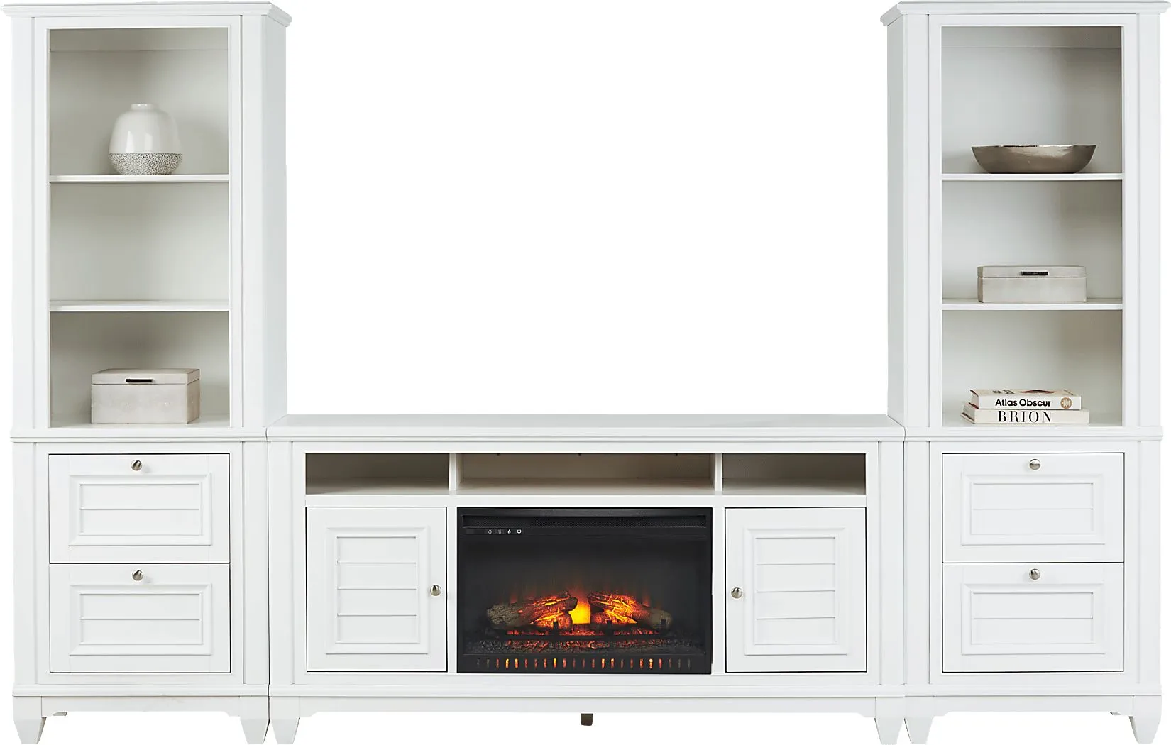 Hilton Head White 4 Pc Wall Unit with 66 in. Console and Electric Log Fireplace