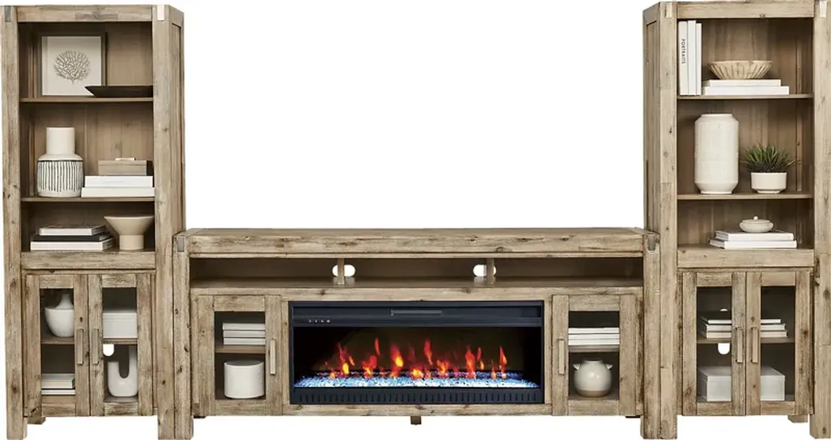 Hidden Springs II Natural 4 Pc Wall Unit with 80 in. Console and Electric Fireplace