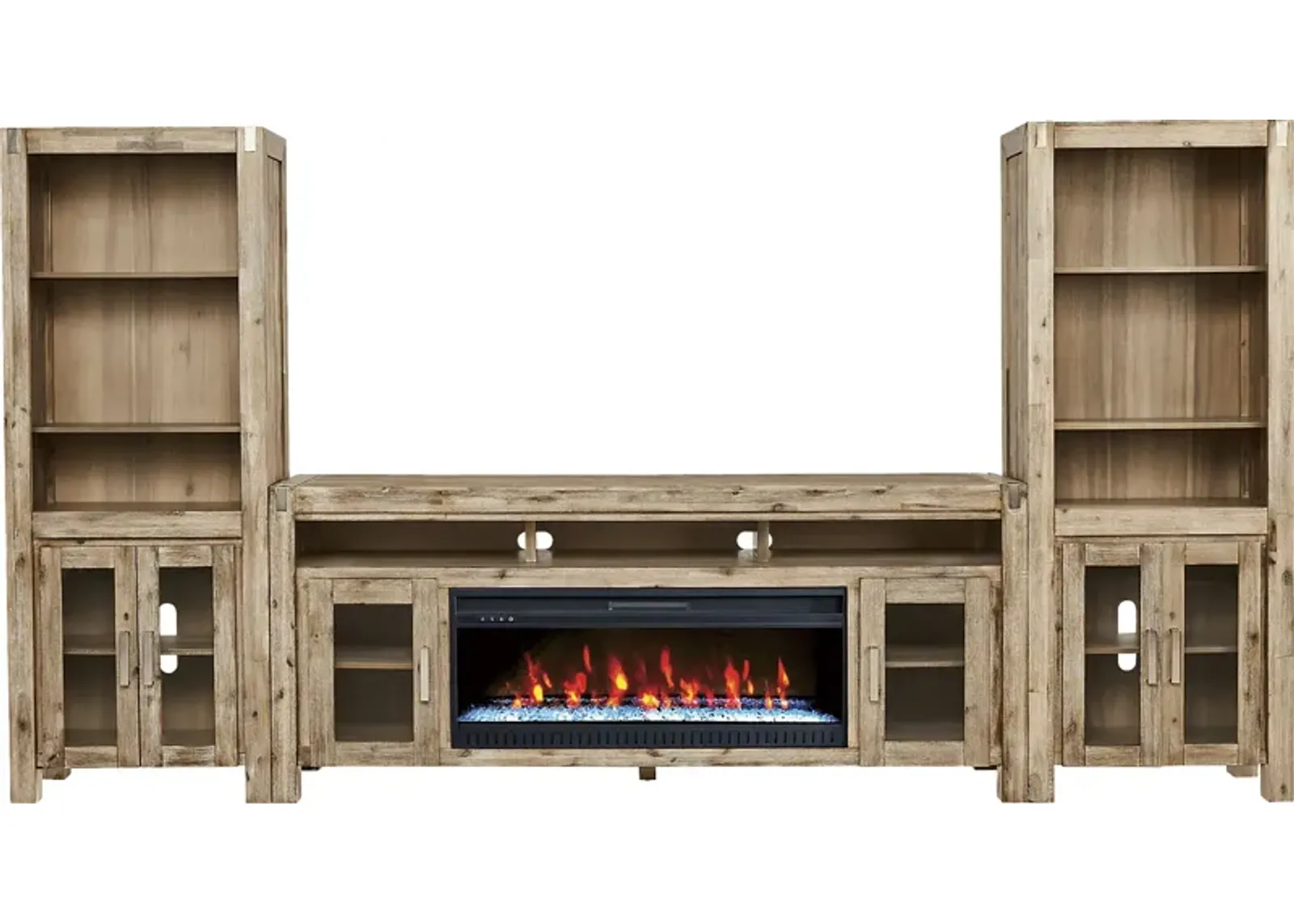 Hidden Springs II Natural 4 Pc Wall Unit with 80 in. Console and Electric Fireplace