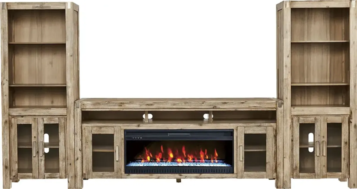 Hidden Springs II Natural 4 Pc Wall Unit with 80 in. Console and Electric Fireplace