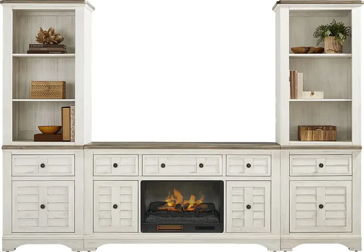 Edisto Bay White 3 Pc Wall Unit with 64 in. Console and Electric Log Fireplace