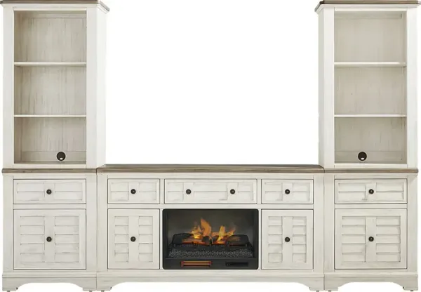 Edisto Bay White 3 Pc Wall Unit with 64 in. Console and Electric Log Fireplace