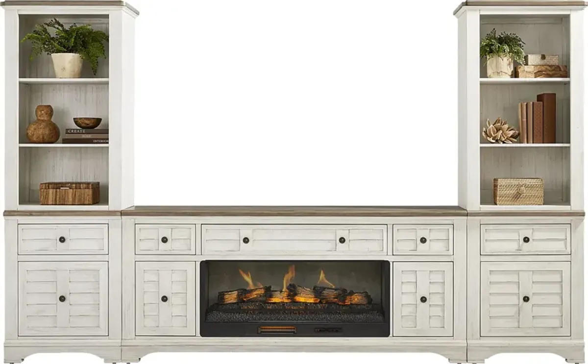 Edisto Bay White 3 Pc Wall Unit with 78 in. Console and Electric Log Fireplace