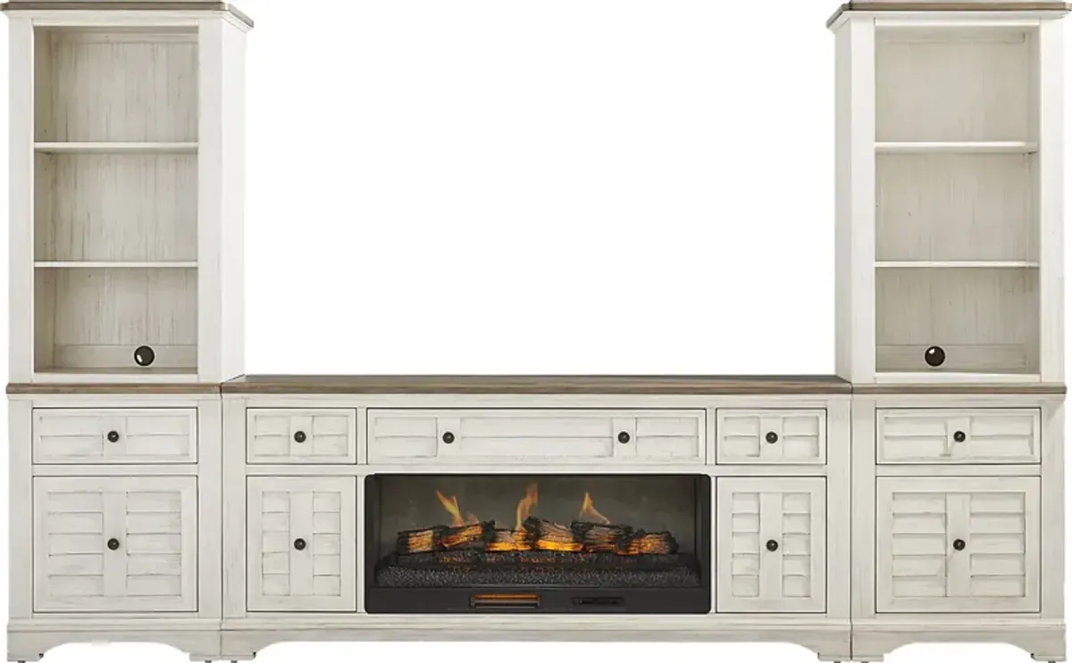Edisto Bay White 3 Pc Wall Unit with 78 in. Console and Electric Log Fireplace